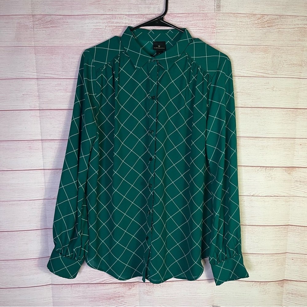 Worthington Green White Long Sleeve‎ Blouse Size Large